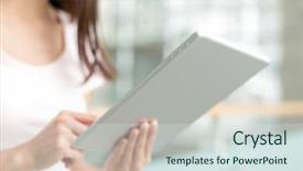  Presentation with tablets wood table tablet white - PPT theme having woman use of digital tablet background and a  colored foreground