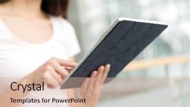  Presentation with digital - Audience pleasing theme consisting of woman use of digital tablet backdrop and a  colored foreground