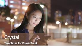  Presentation with mobile phone in woman hand - Audience pleasing slide deck consisting of woman use of mobile phone backdrop and a tawny brown colored foreground