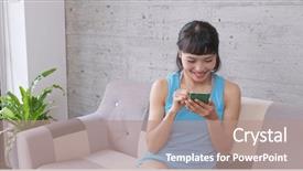  Presentation with mobile home - Beautiful presentation design featuring woman use of mobile phone backdrop and a  colored foreground
