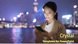  Presentation with mobile phone in woman hand - Cool new PPT theme with woman use of mobile phone backdrop and a tawny brown colored foreground