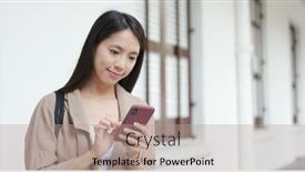  Presentation with mobile use - PPT theme with woman use of mobile phone for online background and a coral colored foreground