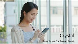  Presentation with mobile use - Colorful presentation theme enhanced with woman use of mobile phone backdrop and a  colored foreground