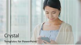  Presentation with mobile use - Presentation theme having woman use of mobile phone background and a  colored foreground