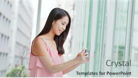  Presentation with mobile use - Theme having woman use of mobile phone for taking photo inside shopping mall background and a light gray colored foreground