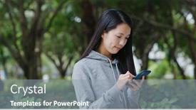  Presentation with mobile use - PPT layouts enhanced with woman use of mobile phone and sit at the city park background and a gray colored foreground