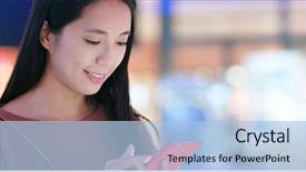  Presentation with mobile first - Presentation theme featuring woman use of mobile phone background and a  colored foreground