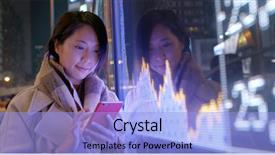  Presentation with mobile use - Audience pleasing PPT theme consisting of woman use of mobile phone backdrop and a light blue colored foreground