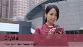  Presentation with mobile use - Slide deck featuring free mobility - woman use of mobile phone background and a violet colored foreground