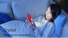  Presentation with mobile phone in woman hand - Cool new presentation theme with woman use of mobile phone backdrop and a light blue colored foreground