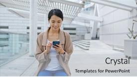  Presentation with mobile use - PPT theme with woman use of mobile phone background and a lemonade colored foreground