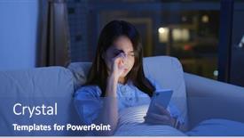  Presentation with dry eye - Colorful presentation design enhanced with woman use of mobile phone at night and feeling eye pain and dry backdrop and a ocean colored foreground