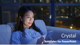  Presentation with mobile use - Audience pleasing PPT layouts consisting of woman use of mobile phone at night backdrop and a ocean colored foreground