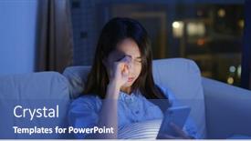  Presentation with dry eye - Slide set featuring woman use of mobile phone at night and feeling eye pain and dry background and a ocean colored foreground