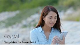  Presentation with mobile use - Cool new presentation design with woman-use-of-mobile-phone backdrop and a light blue colored foreground