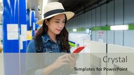  Presentation with mobile use - Amazing PPT theme having woman-use-of-mobile-phone backdrop and a light gray colored foreground