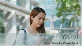  Presentation with mobile use - Colorful PPT theme enhanced with woman-use-of-mobile-phone backdrop and a light gray colored foreground