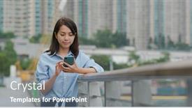  Presentation with mobile use - PPT theme consisting of woman-use-of-mobile-phone background and a seafoam green colored foreground