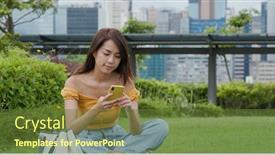  Presentation with mobile use - Amazing presentation design having woman-use-of-mobile-phone backdrop and a tawny brown colored foreground