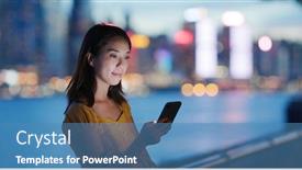  Presentation with mobile use - Presentation design with woman-use-of-mobile-phone background and a teal colored foreground
