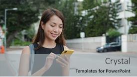  Presentation with mobile phone in woman hand - Audience pleasing presentation design consisting of woman-use-of-mobile-phone backdrop and a light gray colored foreground