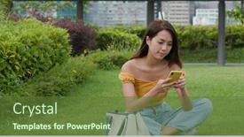  Presentation with mobile use - Colorful slide set enhanced with woman-use-of-mobile-phone backdrop and a tawny brown colored foreground