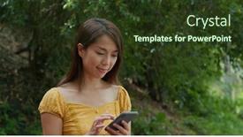  Presentation with mobile use - Slide deck having woman-use-of-mobile-phone background and a tawny brown colored foreground