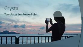  Presentation with mobile use - Cool new PPT layouts with woman-use-of-mobile-phone backdrop and a light blue colored foreground