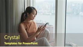  Presentation with mobile phone in woman hand - Slide set featuring woman-use-of-mobile-phone background and a tawny brown colored foreground