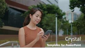  Presentation with mobile use - PPT theme having woman-use-of-mobile-phone background and a violet colored foreground