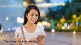  Presentation with mobile use - Slide set having woman-use-of-mobile-phone background and a  colored foreground