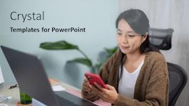  Presentation with mobile use - Presentation design with woman-use-of-mobile-phone background and a lemonade colored foreground