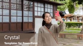  Presentation with mobile use - PPT theme enhanced with woman-use-of-mobile-phone background and a  colored foreground