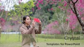  Presentation with mobile use - Presentation theme enhanced with woman-use-of-mobile-phone background and a mint green colored foreground