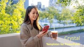  Presentation with mobile use - PPT theme featuring woman-use-of-mobile-phone background and a violet colored foreground