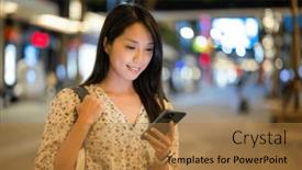  Presentation with mobile use - PPT theme having woman-use-of-mobile-phone background and a  colored foreground