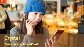  Presentation with mobile use - PPT theme consisting of woman use of mobile phone at coffee shop background and a tawny brown colored foreground