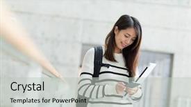  Presentation with mobile use - PPT layouts featuring woman use of mobile phone background and a light gray colored foreground