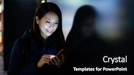 Presentation with mobile use - Colorful PPT layouts enhanced with woman use of mobile phone backdrop and a black colored foreground