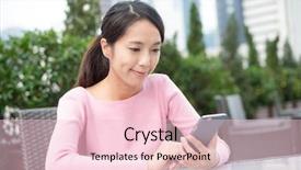  Presentation with mobile use - PPT theme having woman use of mobile phone at outdoor cafe background and a lemonade colored foreground