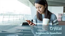  Presentation with mobile use - Theme enhanced with woman use of mobile phone background and a ocean colored foreground