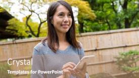  Presentation with mobile use - Amazing PPT layouts having woman use of mobile phone at outdoor backdrop and a coral colored foreground