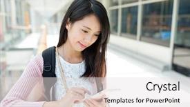 Presentation with mobile use - Presentation theme having woman use of mobile phone in shopping mall background and a light gray colored foreground