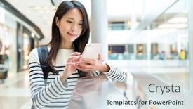  Presentation with mobile use - Cool new slide set with woman use of mobile phone in shopping mall backdrop and a sky blue colored foreground