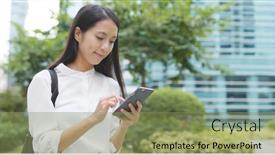  Presentation with mobile use - Cool new PPT layouts with woman-use-of-mobile-phone backdrop and a seafoam green colored foreground