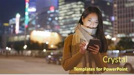  Presentation with mobile use - Colorful presentation design enhanced with woman use of mobile phone in the city at winter time backdrop and a tawny brown colored foreground