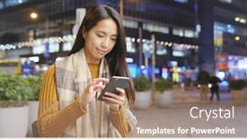  Presentation with mobile use - Audience pleasing presentation design consisting of woman use of mobile phone in the city at winter time backdrop and a coral colored foreground