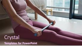  Presentation with release - PPT theme enhanced with woman use of roller stick on thigh to release pain at home background and a tawny brown colored foreground