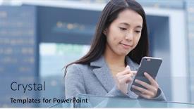  Presentation with smart city - Colorful slide set enhanced with woman use of smart phone in city backdrop and a light blue colored foreground