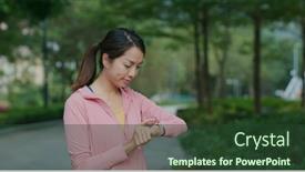  Presentation with smart - Amazing slide set having woman-use-of-smart-watch backdrop and a tawny brown colored foreground